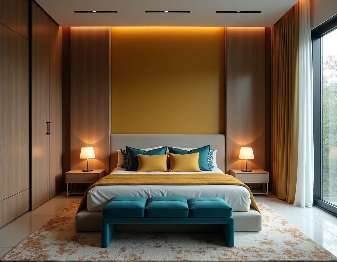 Moderne soverom med dypblå vegg, okergule mønstrede tekstiler og hvite møbelbein.