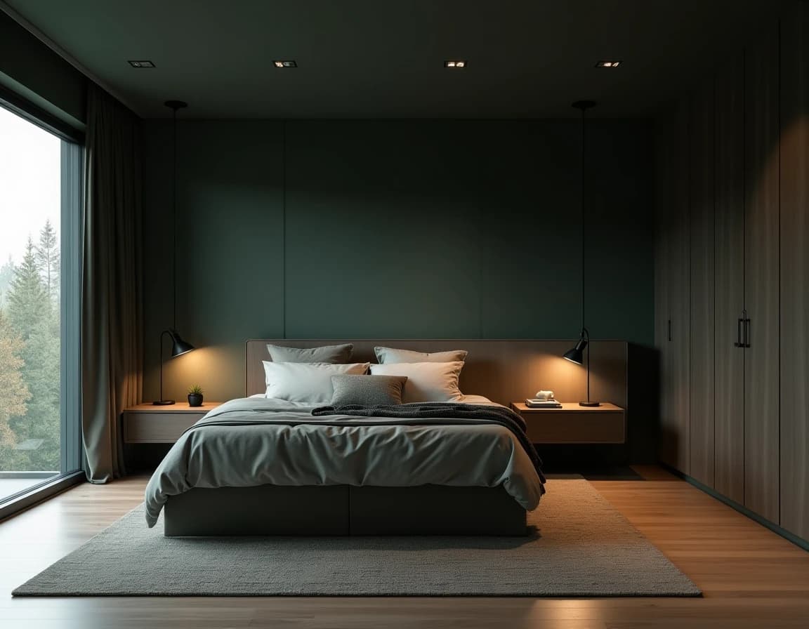 Minimalistisk soverom med mørk grønn vegg, sort sengestamme og messinglampe.