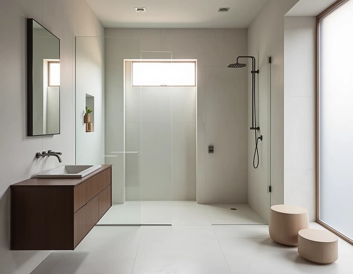 Japandi bad med broken white fliser, naturlig tre og hvit emalje badekaret.