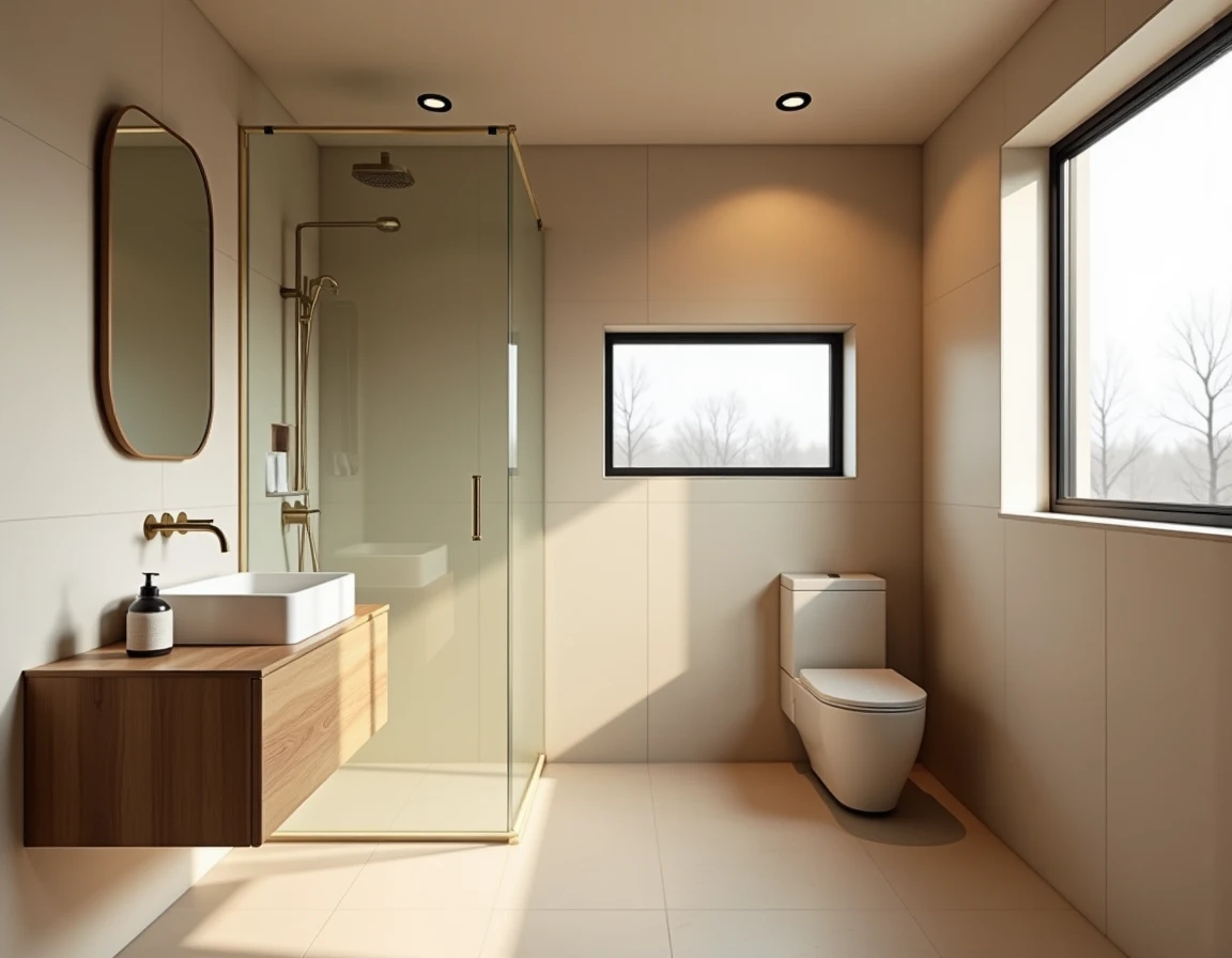 Japandi bad med lys eik, kremfargede fliser, lin-gardiner og gylne messingdetaljer.