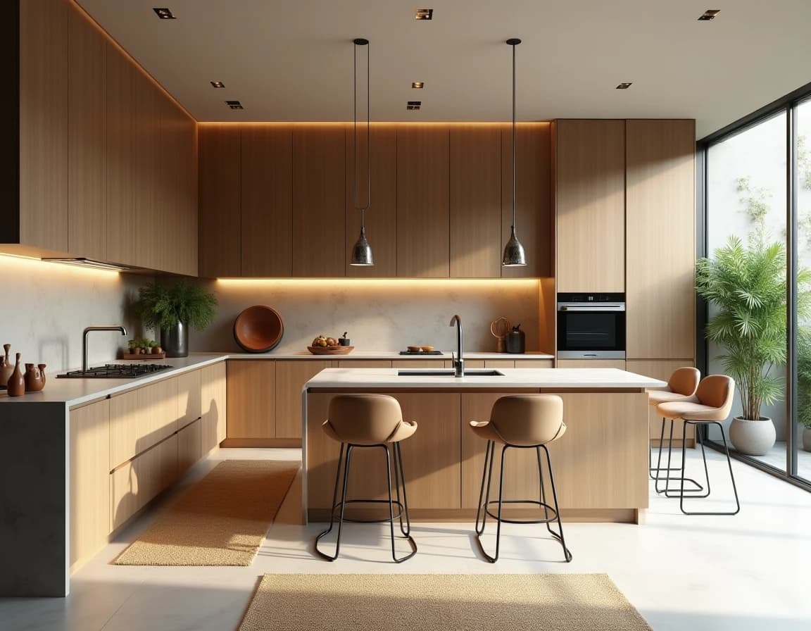 Moderne kjøkken med rå eik kjøkkenøy, hvite fronter og beige keramikkfliser.