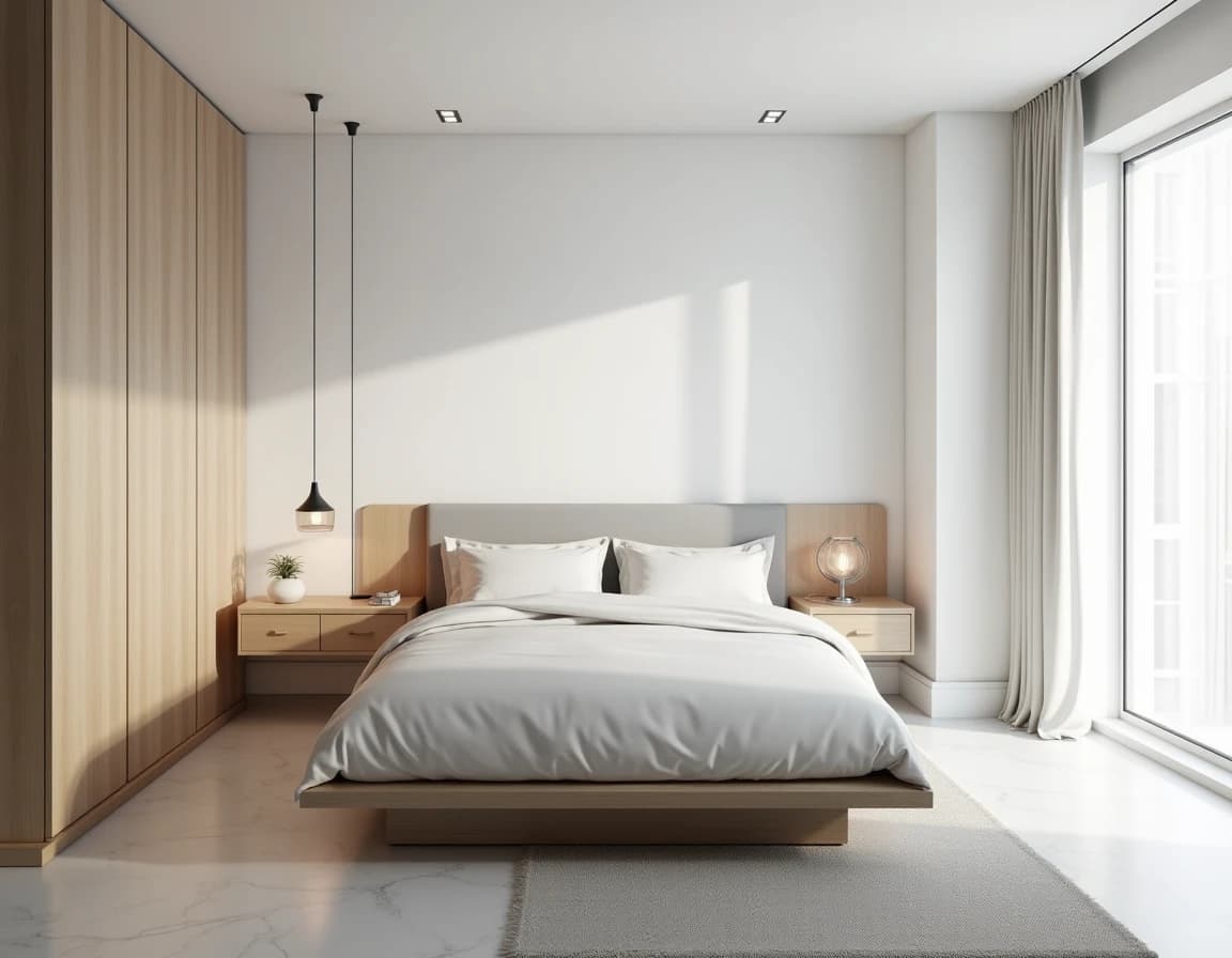 Skandinavisk soverom med hvit marmor, stållamper og lysgrå sengetøy.