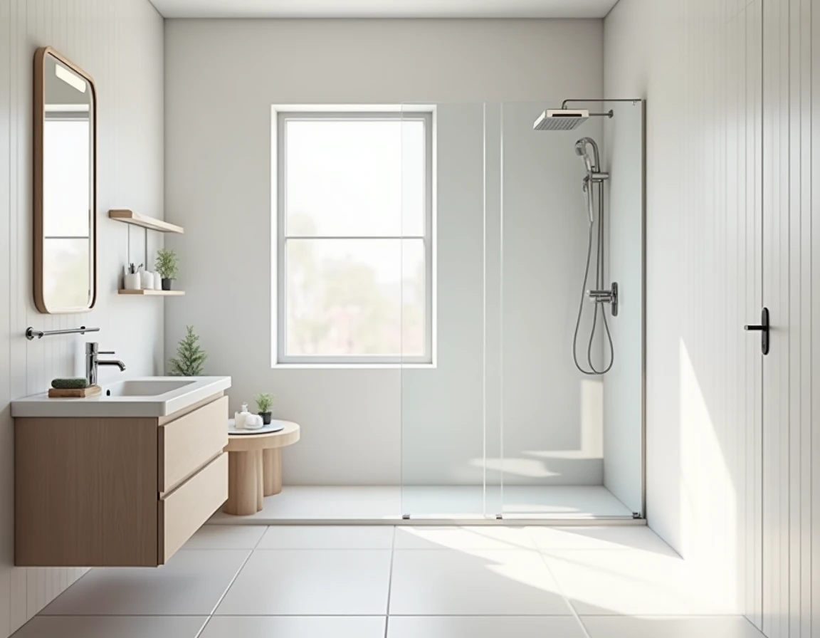 Skandinavisk bad i nær-hvitt med lyst tre, hvite fliser og enkle detaljer.