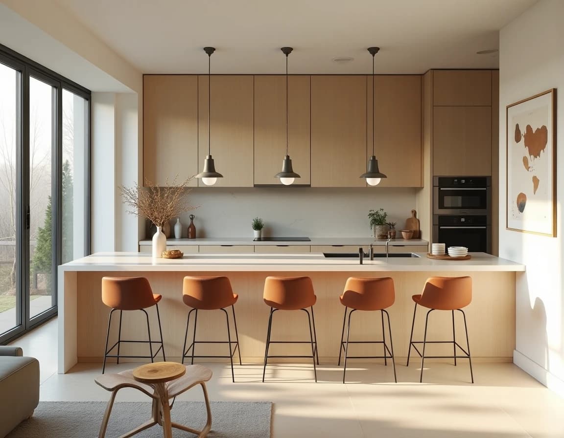 Skandinavisk kjøkken med olivengrønne fronter, travertinbenkeplate og lyst eik.