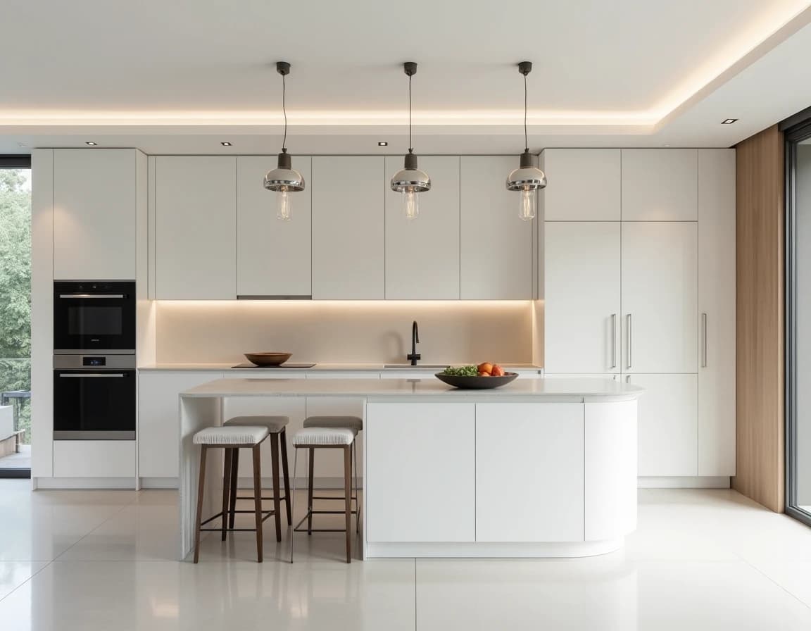 Moderne kjøkken i hvitt med sorte pendellamper og polert betonggulv.