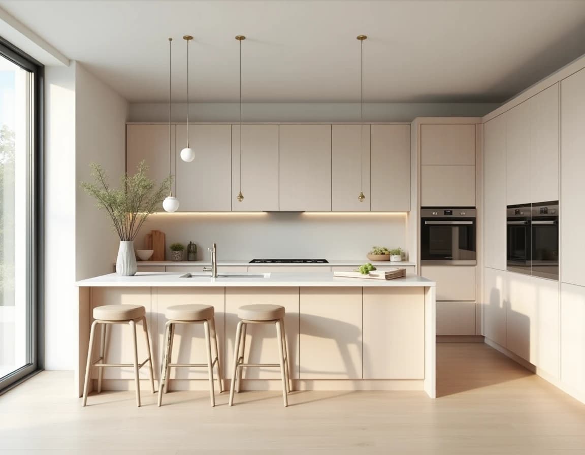 Skandinavisk kjøkken med salviefarget vegg, hvite fronter, lys tre og messingkraner.