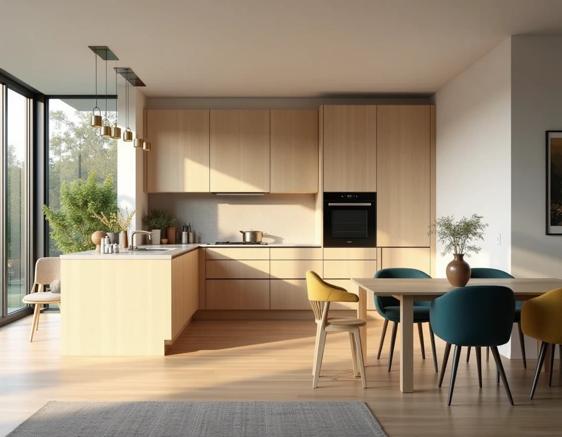 Skandinavisk kjøkken med dyptblå fronter, lys eik benkeplate og okergule mønstrede tekstiler.