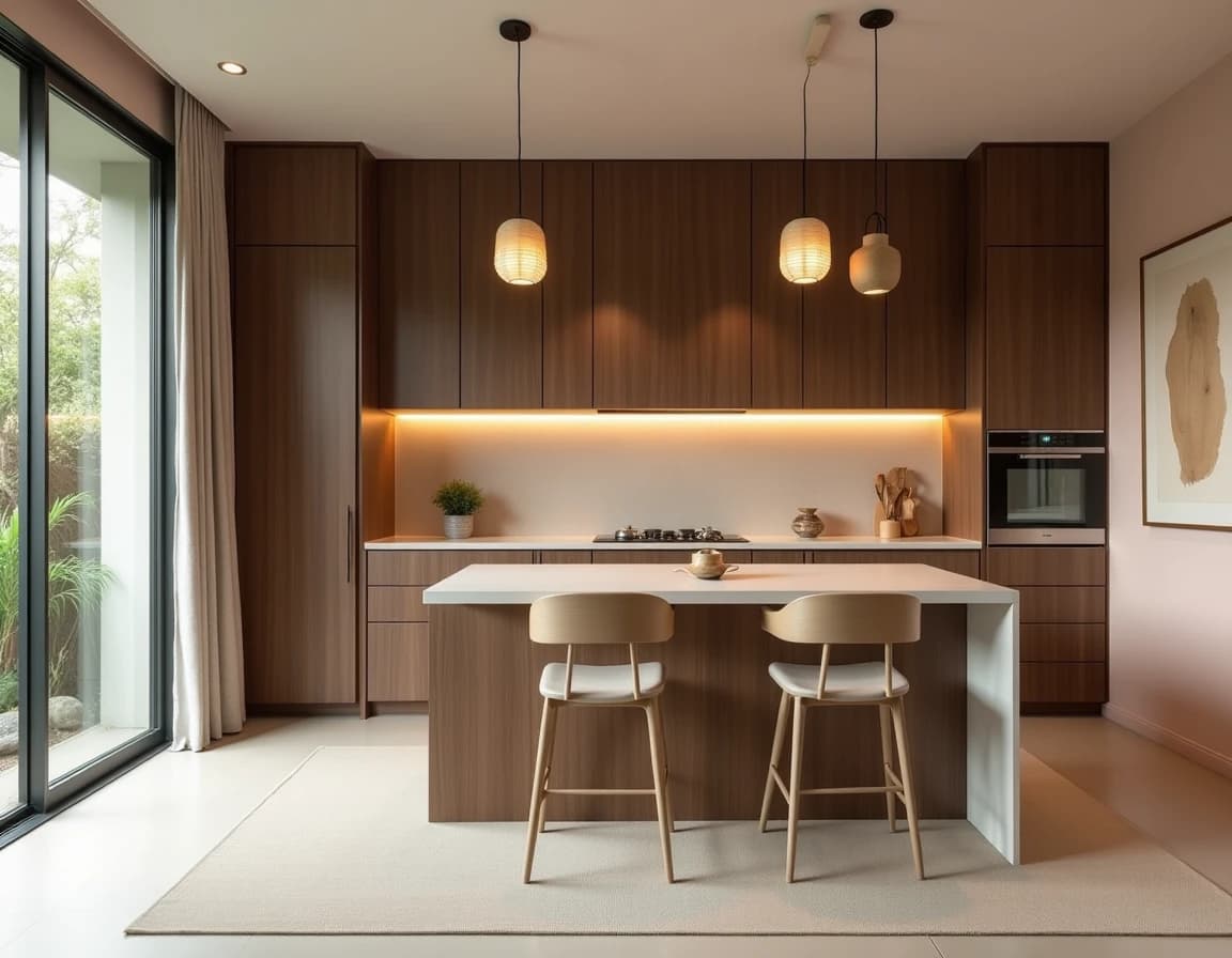 Japandi kjøkken med salvie hyller, rosa kakelflis, beige eik og keramikkpendellampe.