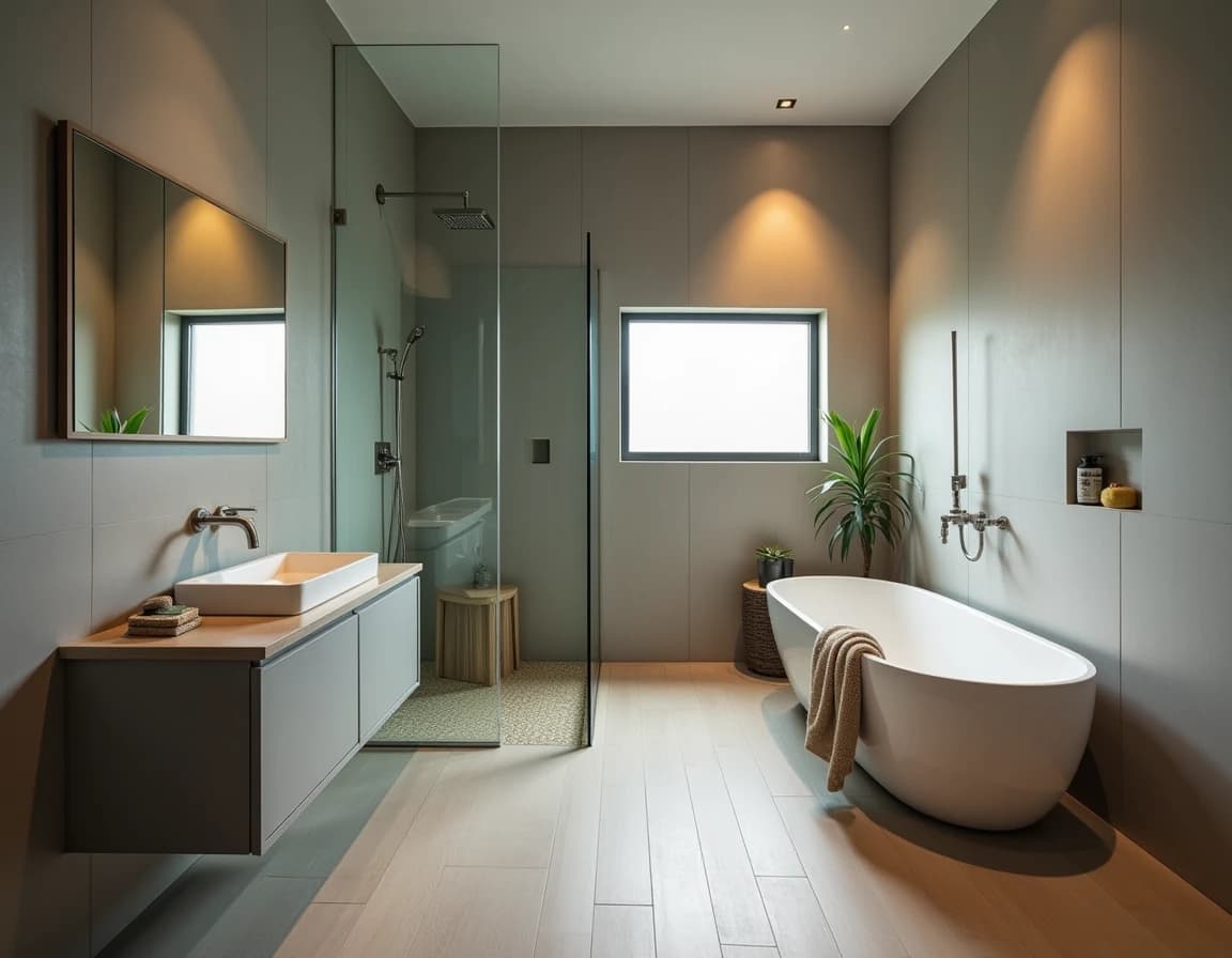 Minimalistisk bad med dyp blå vegg, okergule tekstiler og mønstret løper.