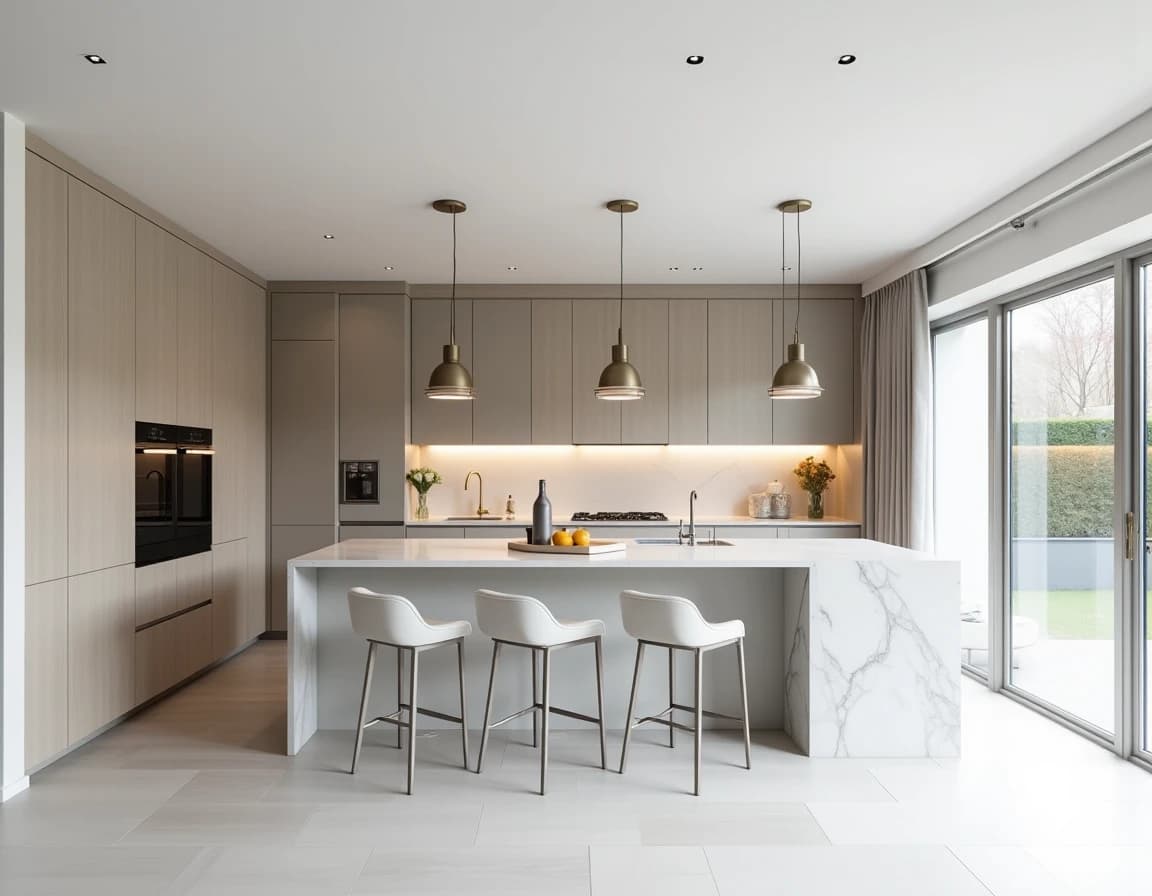 Moderne kjøkken med hvit marmorbenk, grå fronter og børstet ståldetaljer.