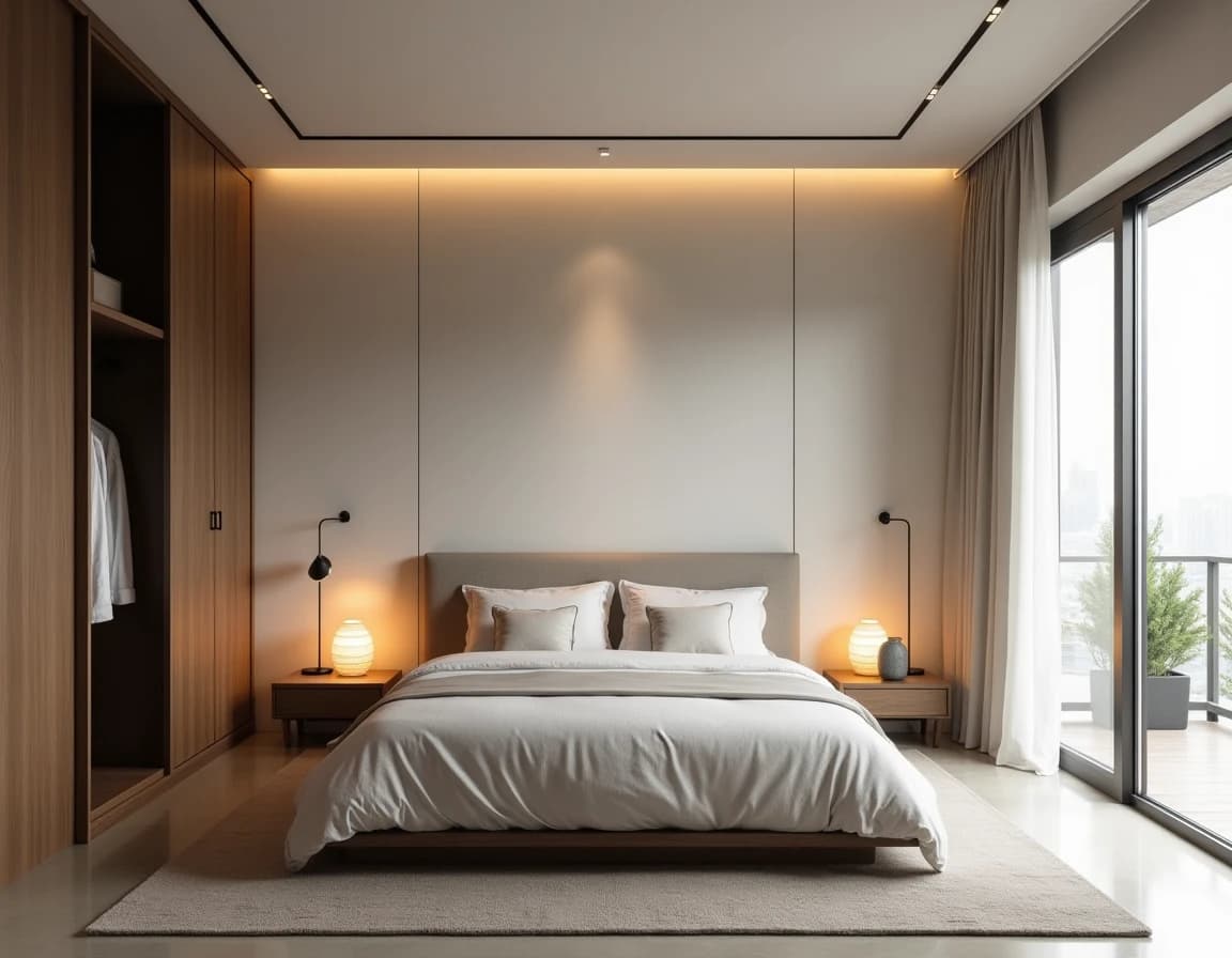 Japandi soverom med lav seng i naturlig tre, uglasert keramikk og ublejet lin.