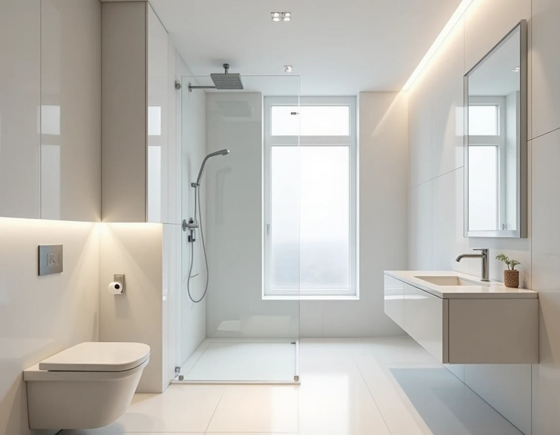 Moderne bad i nær-hvit, minimalistisk servant og uglasert keramikkdetalj.