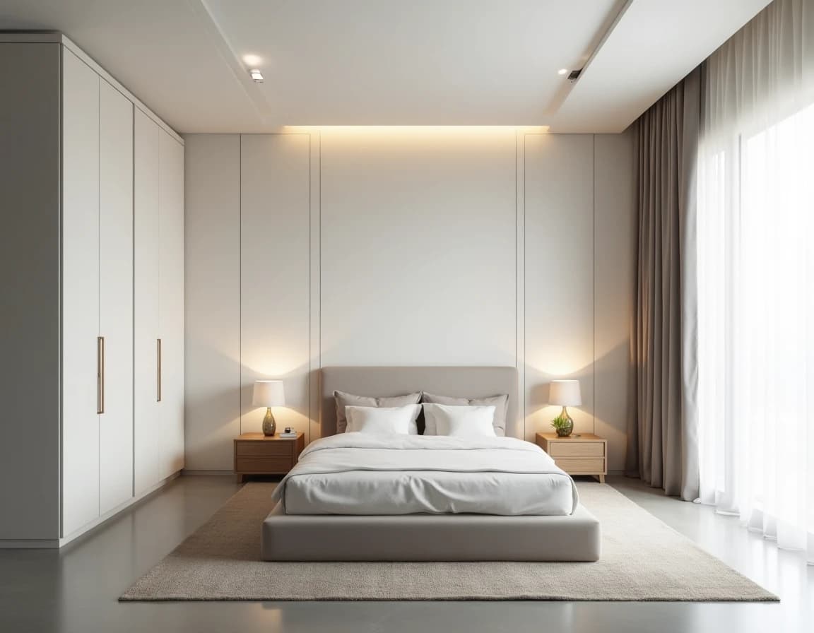 Minimalistisk soverom med broken white vegger, lyst tre og kremfargede lintekstiler.