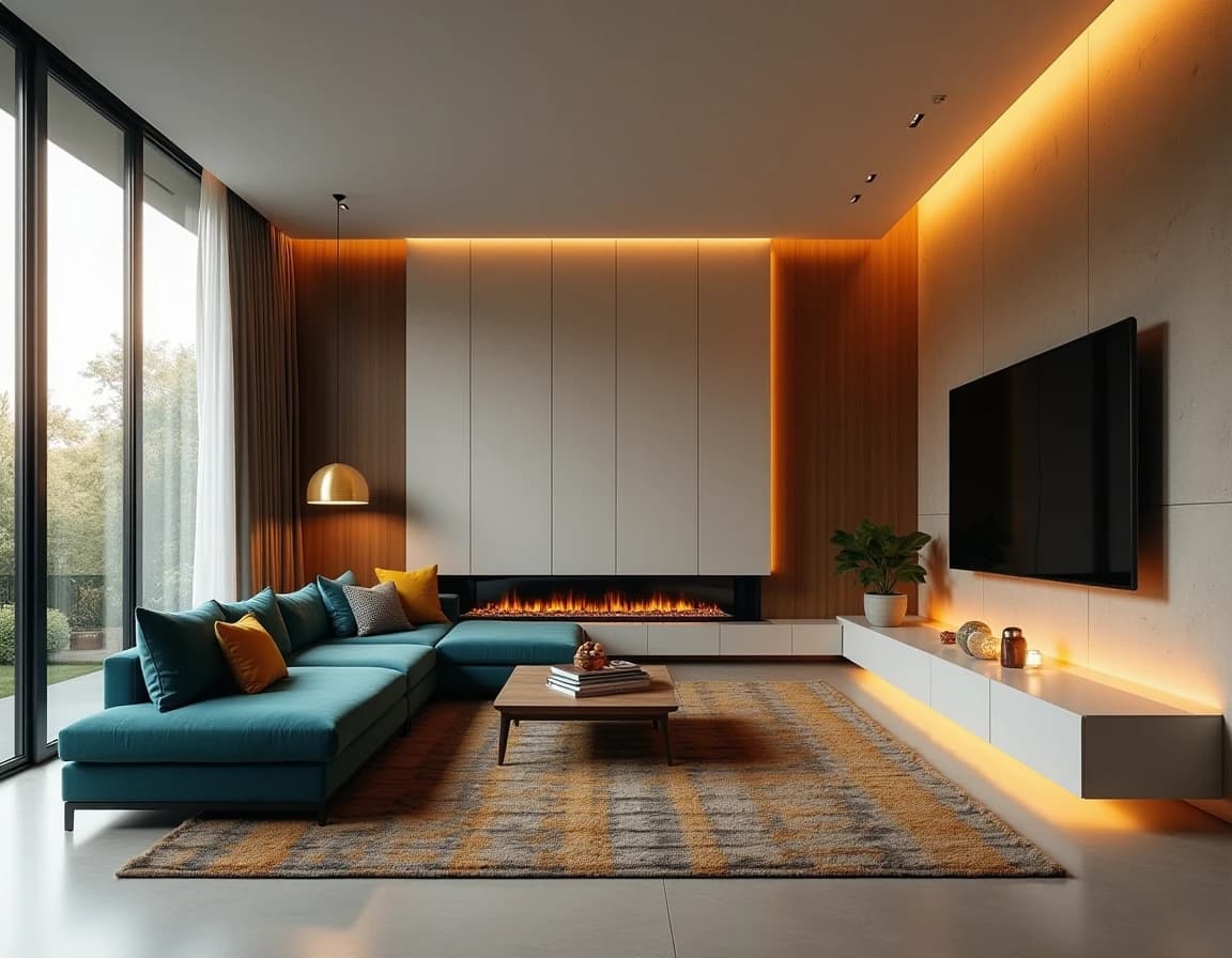 Moderne stue med dyp blå vegg, okerfarget velursofa og mønstret teppe i bohemsk stil.